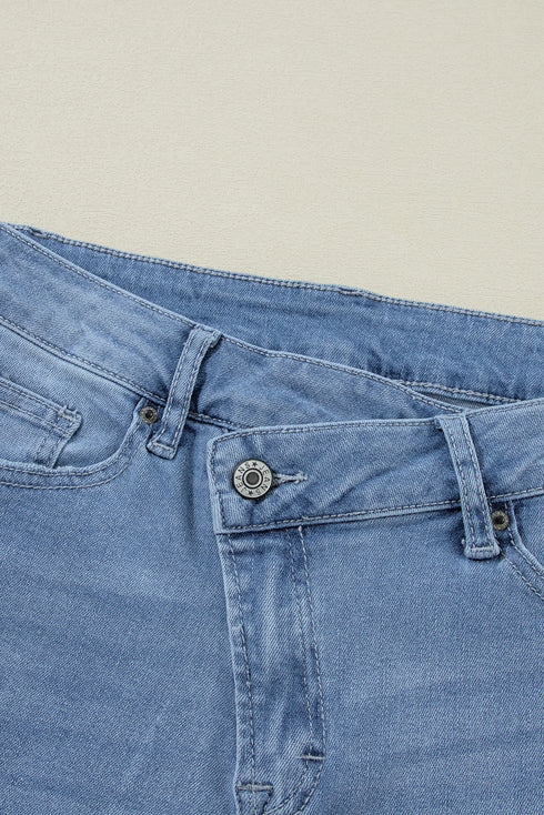 High Rise Asymmetric Button Zip Fly Distressed Jeans