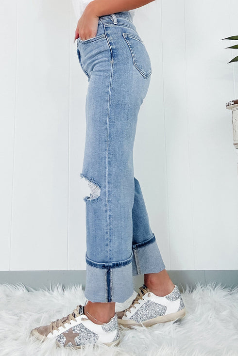 High Rise Asymmetric Button Zip Fly Distressed Jeans