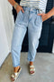 High Rise Barrel Leg Relaxed Fit Utility Patch Pocket Stretch Jeans