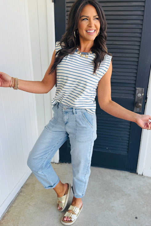 High Rise Barrel Leg Relaxed Fit Utility Patch Pocket Stretch Jeans