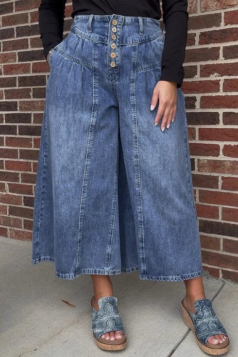 High Rise Button Pleated Cropped Wide Leg Jeans