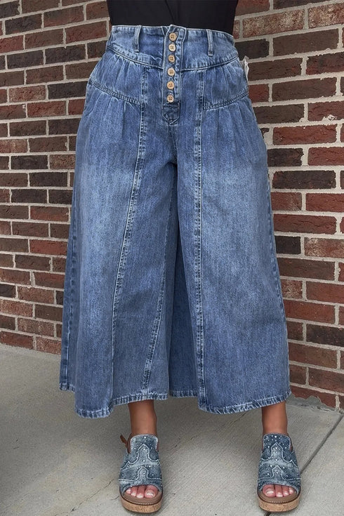 High Rise Button Pleated Cropped Wide Leg Jeans