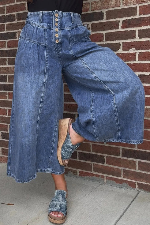 High Rise Button Pleated Cropped Wide Leg Jeans