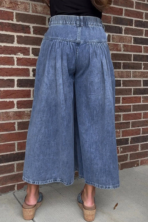 High Rise Button Pleated Cropped Wide Leg Jeans
