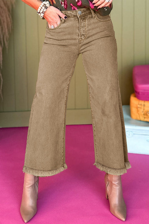 High Rise Cropped Washed Denim Wide Leg Jeans