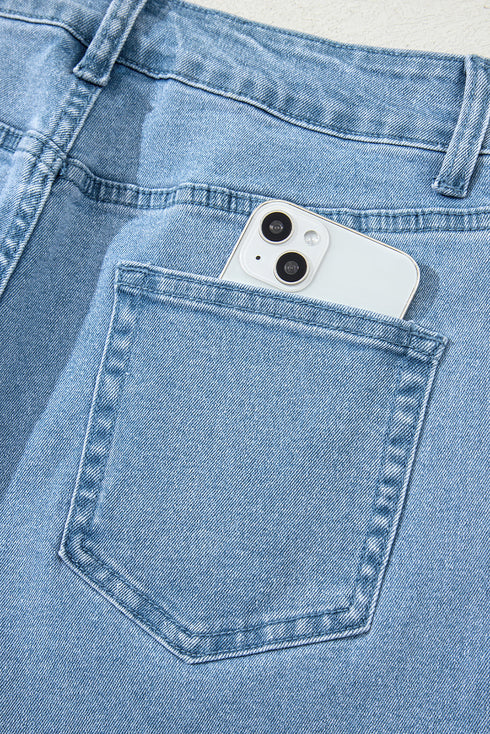 High Rise Cropped Washed Denim Wide Leg Jeans