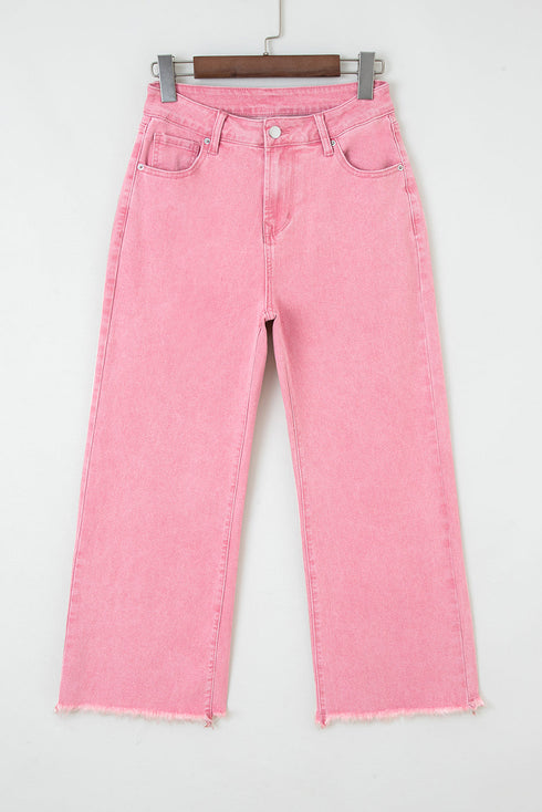 High Rise Cropped Washed Denim Wide Leg Jeans