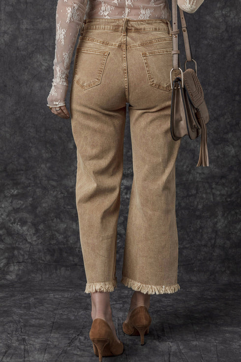 High Rise Cropped Washed Denim Wide Leg Jeans