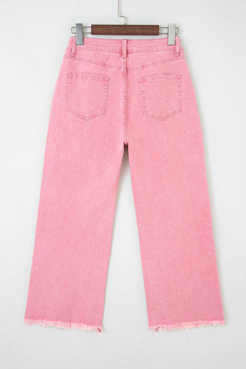 High Rise Cropped Washed Denim Wide Leg Jeans