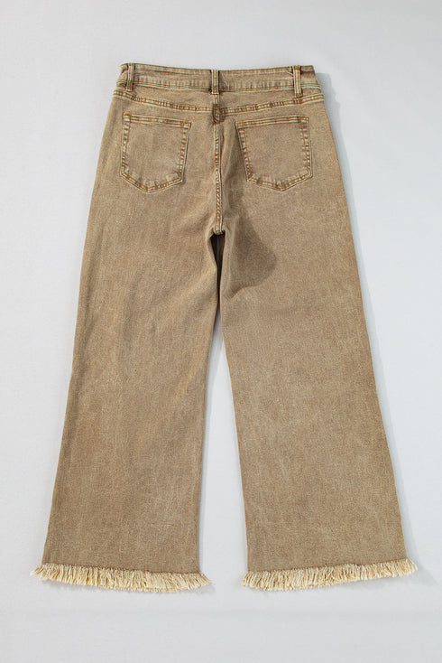 High Rise Cropped Washed Denim Wide Leg Jeans