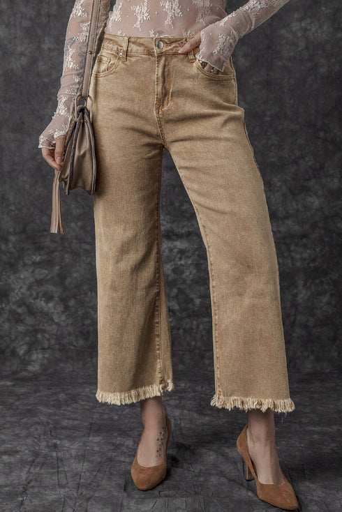 High Rise Cropped Washed Denim Wide Leg Jeans