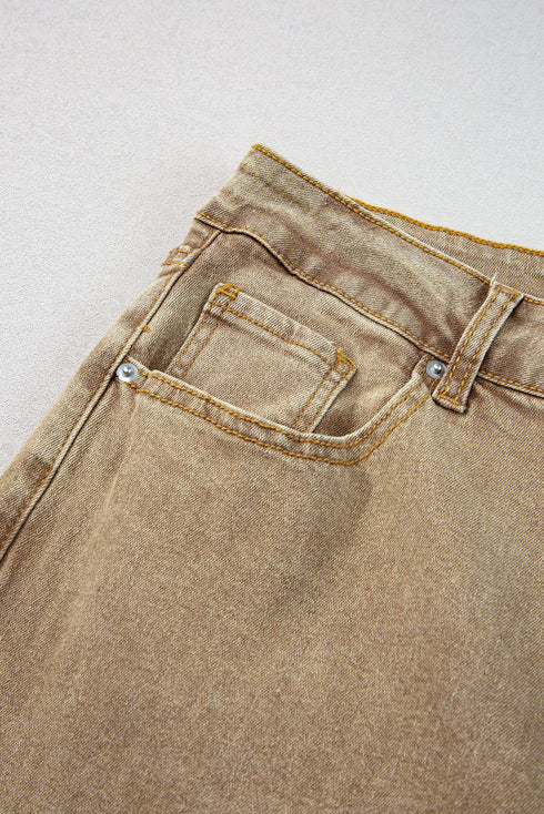 High Rise Cropped Washed Denim Wide Leg Jeans