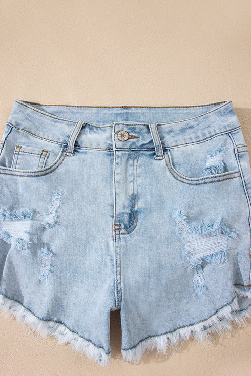 High Rise Distressed Raw Hem Solid Denim Shorts