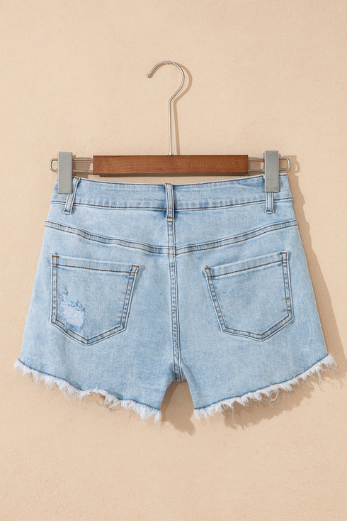 High Rise Distressed Raw Hem Solid Denim Shorts