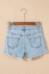 High Rise Distressed Raw Hem Solid Denim Shorts