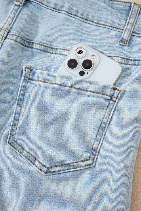 High Rise Distressed Raw Hem Solid Denim Shorts