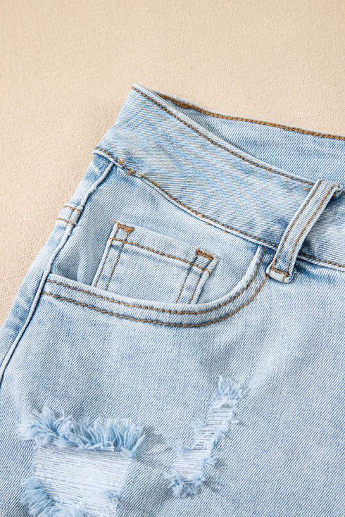 High Rise Distressed Raw Hem Solid Denim Shorts