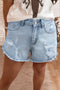 High Rise Distressed Raw Hem Solid Denim Shorts