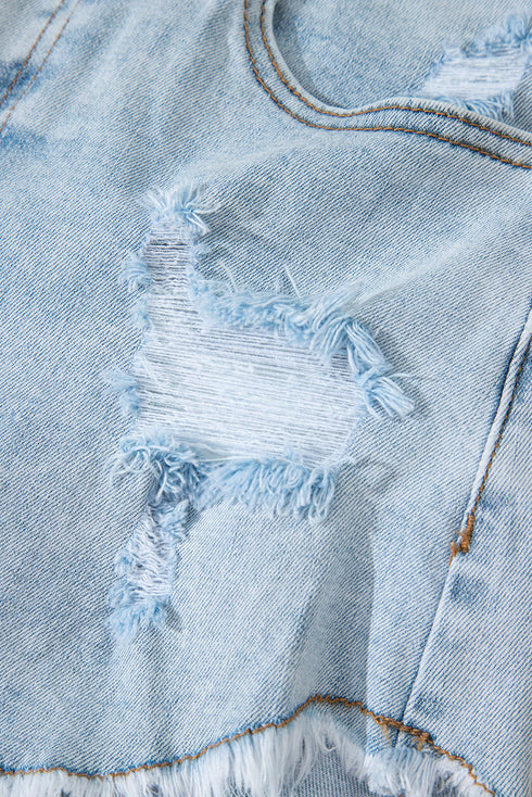 High Rise Distressed Raw Hem Solid Denim Shorts
