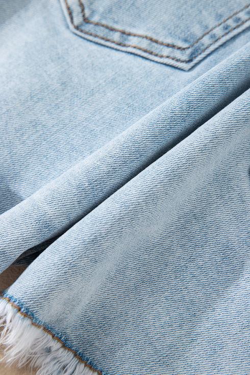 High Rise Distressed Raw Hem Solid Denim Shorts