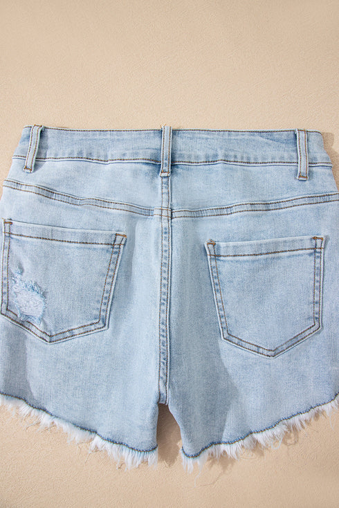 High Rise Distressed Raw Hem Solid Denim Shorts