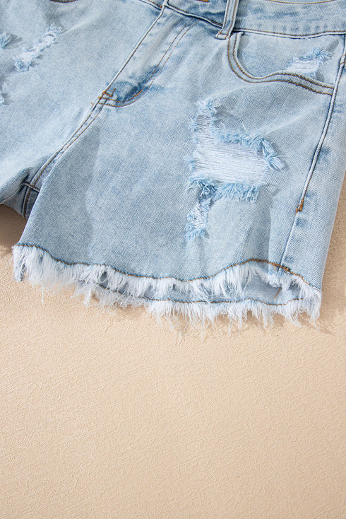 High Rise Distressed Raw Hem Solid Denim Shorts