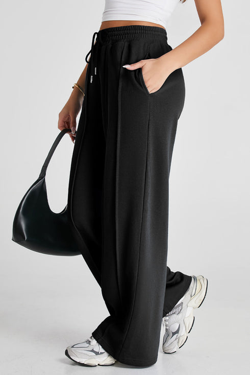 High Rise Drawstring Pintuck Wide Leg Sweatpants