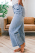 High Rise Exposed Button Fly Pinstripe Wide Leg Stretch Denim Jeans