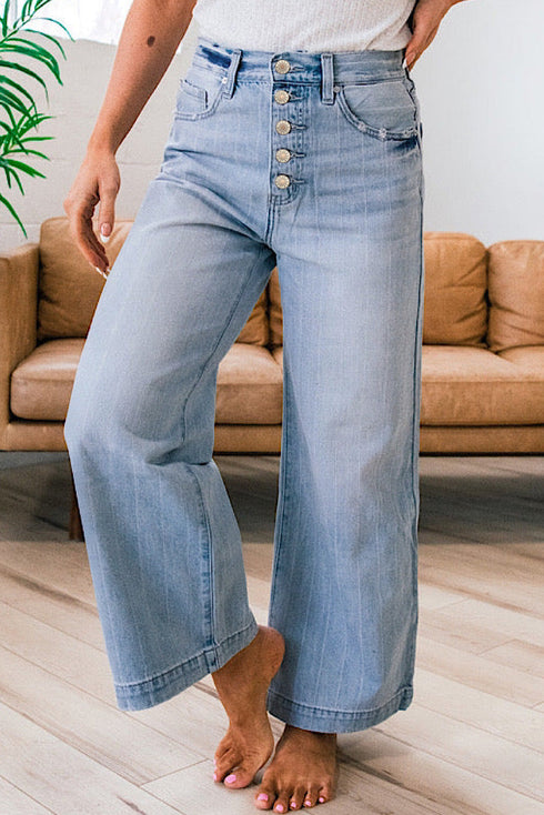 High Rise Exposed Button Fly Pinstripe Wide Leg Stretch Denim Jeans