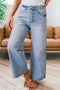 High Rise Exposed Button Fly Pinstripe Wide Leg Stretch Denim Jeans