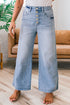 High Rise Exposed Button Fly Pinstripe Wide Leg Stretch Denim Jeans