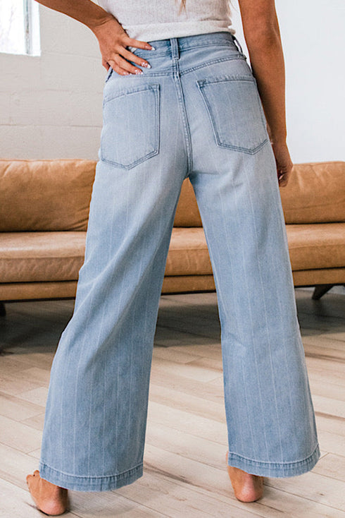 High Rise Exposed Button Fly Pinstripe Wide Leg Stretch Denim Jeans