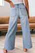 High Rise Exposed Button Fly Pinstripe Wide Leg Stretch Denim Jeans