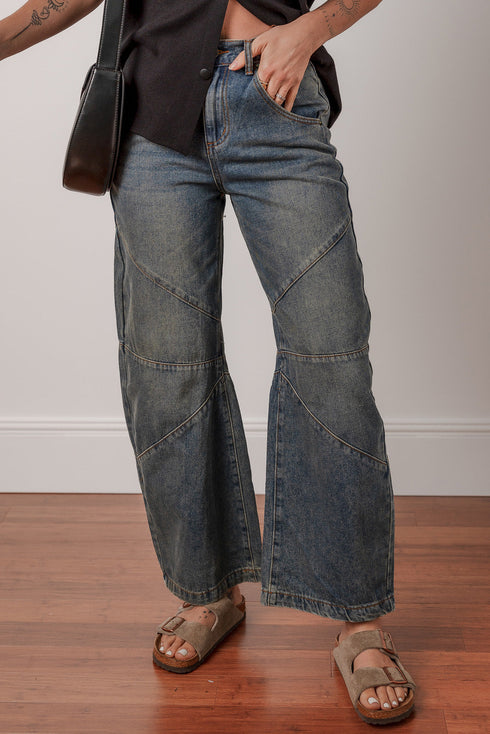 High Rise Exposed Seam Wide Leg Denim Jeans