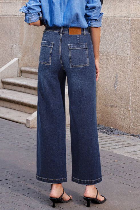 High Rise Patch Pocket Wide Leg Cropped Jeans