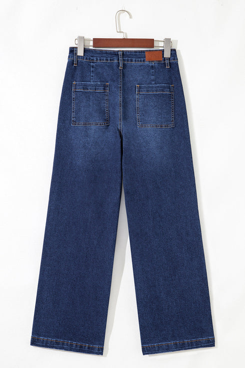 High Rise Patch Pocket Wide Leg Cropped Jeans