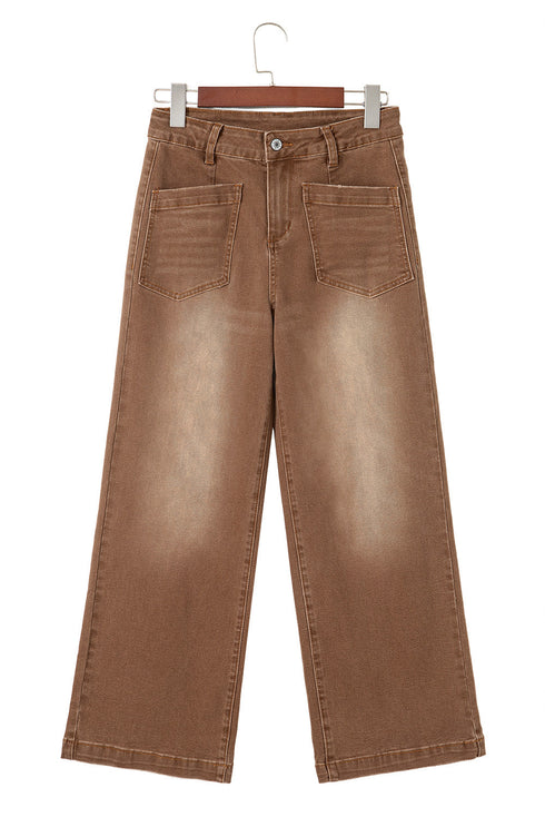 High Rise Patch Pocket Wide Leg Cropped Jeans