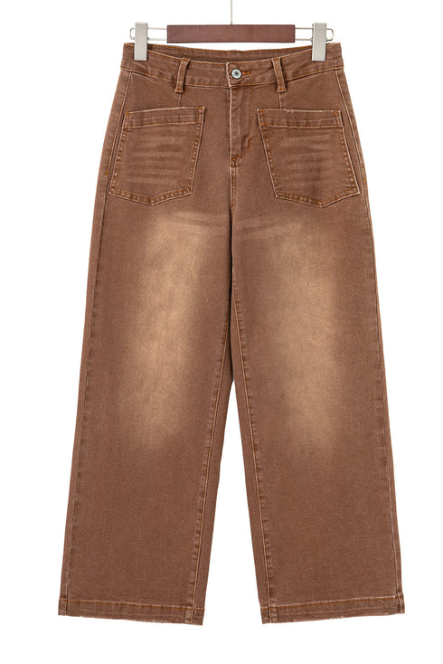 High Rise Patch Pocket Wide Leg Cropped Jeans
