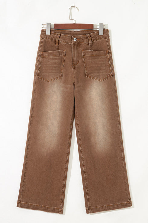 High Rise Patch Pocket Wide Leg Cropped Jeans