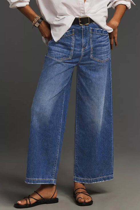 High Rise Patch Pocket Wide Leg Cropped Jeans