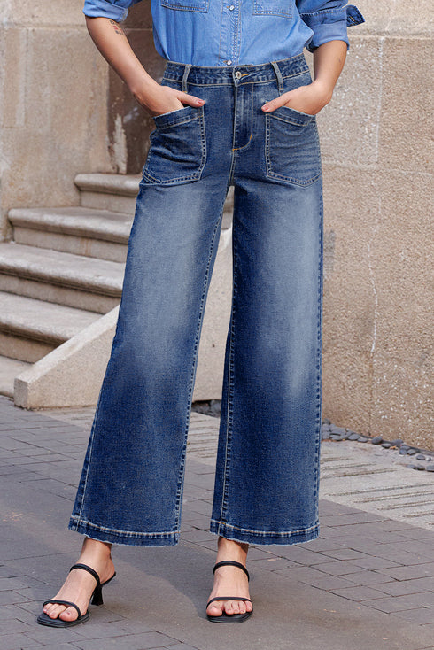 High Rise Patch Pocket Wide Leg Cropped Jeans