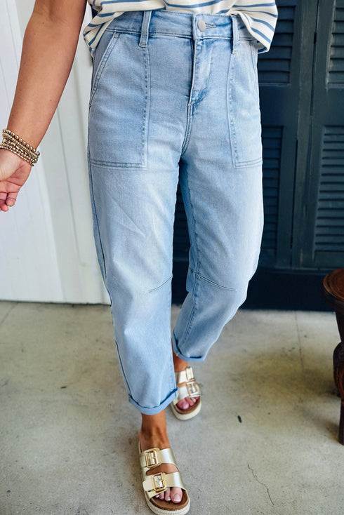 High Rise Relaxed Fit Patch Pocket Barrel Jeans
