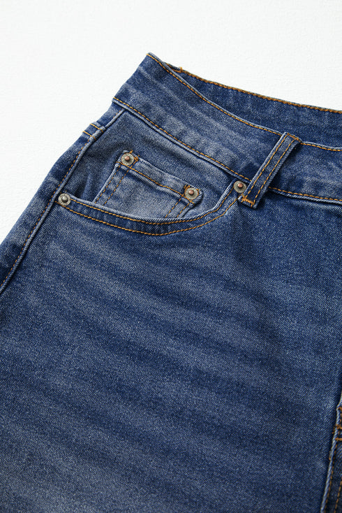 High Rise Straight Loose Raw Hem Cuffed Jeans