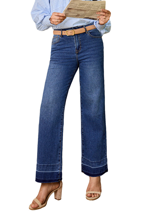 High Rise Straight Loose Raw Hem Cuffed Jeans