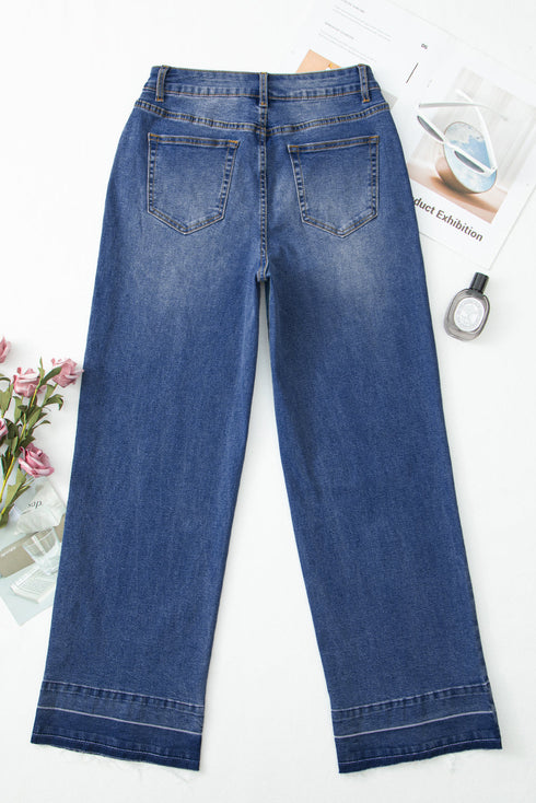 High Rise Straight Loose Raw Hem Cuffed Jeans