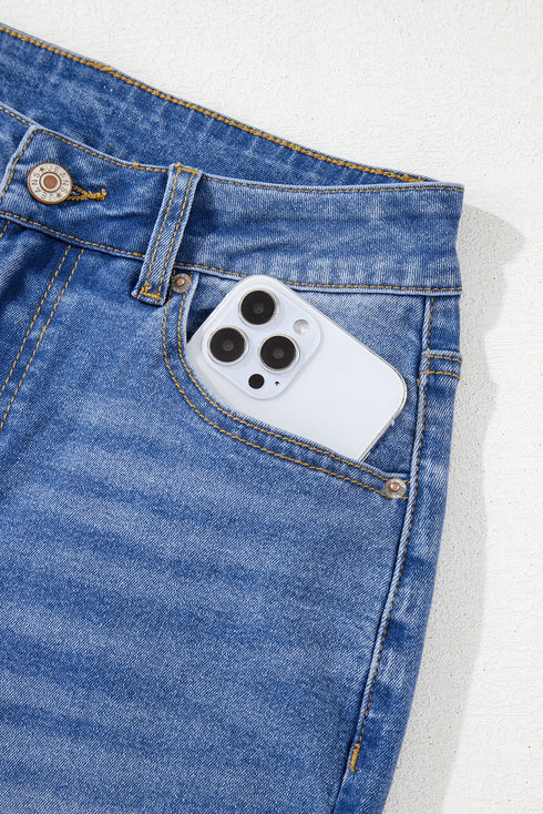 High Rise Straight Loose Raw Hem Cuffed Jeans