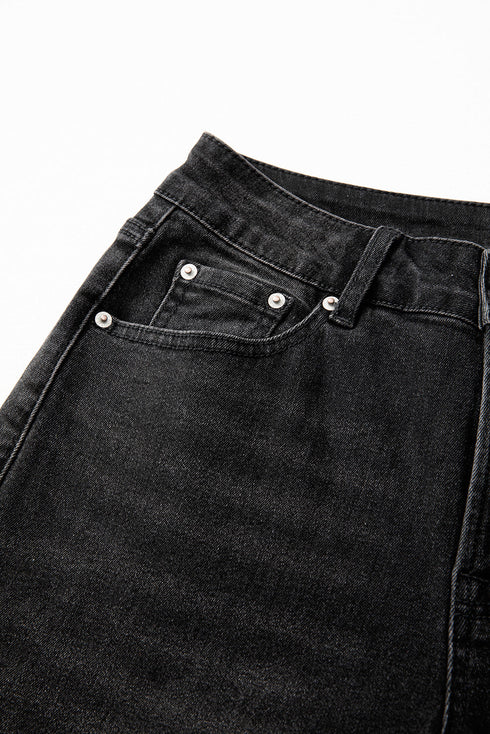 High Rise Straight Loose Raw Hem Cuffed Jeans