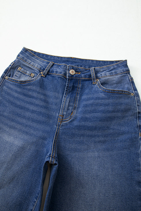 High Rise Straight Loose Raw Hem Cuffed Jeans