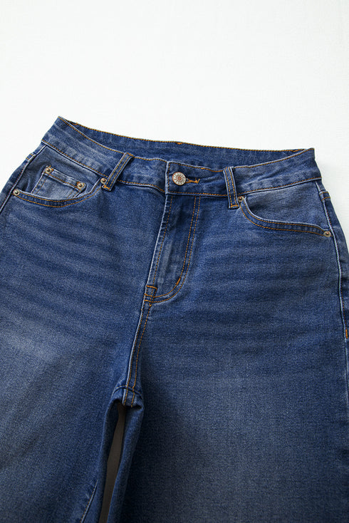 High Rise Straight Loose Raw Hem Cuffed Jeans