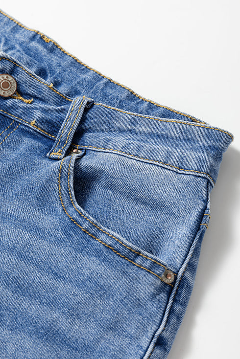 High Rise Straight Loose Raw Hem Cuffed Jeans